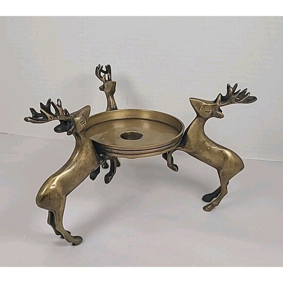 Brass Deer Reindeer Trio Footed Large Pillar Candle Holder Christmas Holiday - Picture 1 of 7